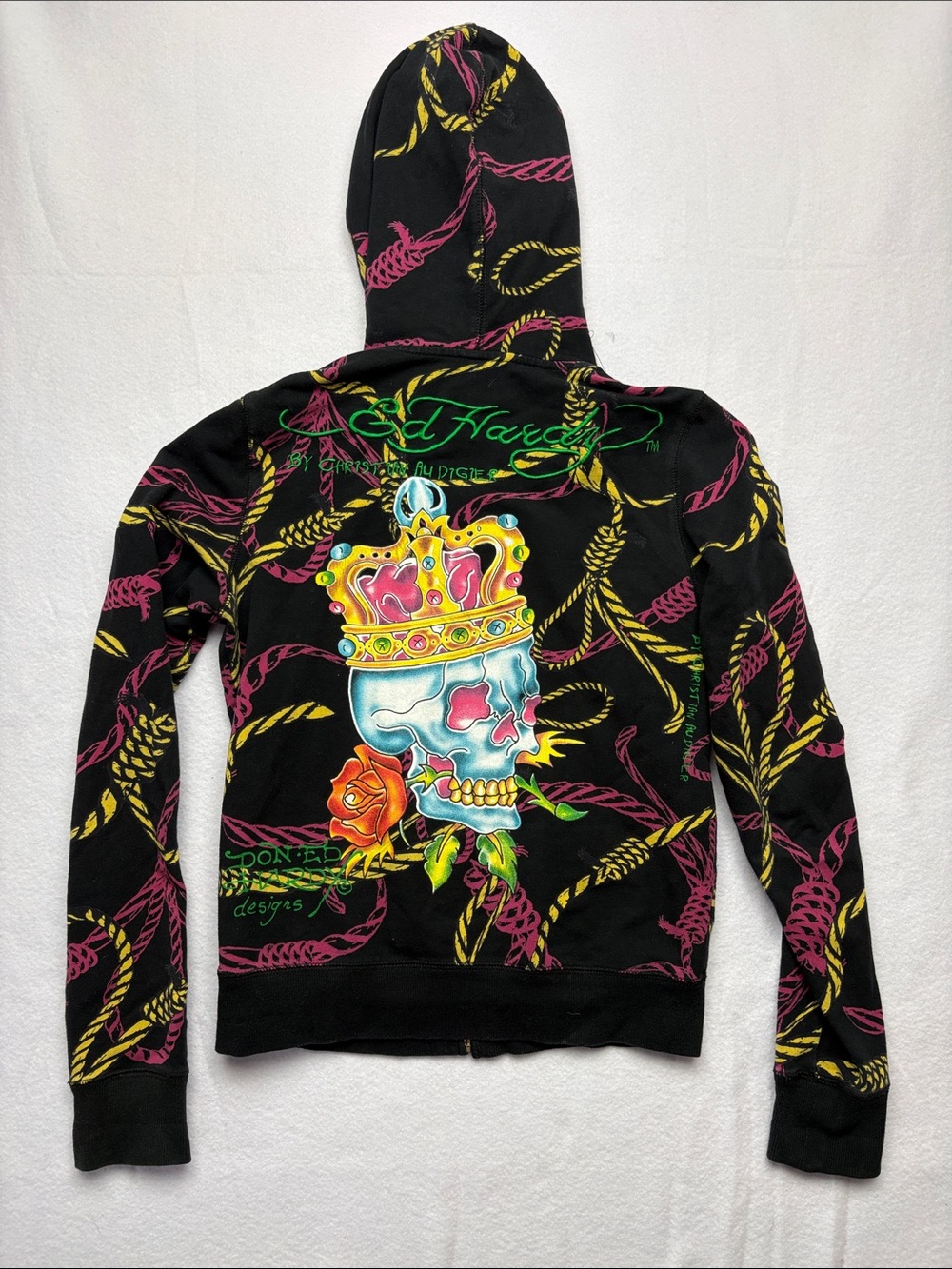 Ed Hardy size small y2k zip up hoodie skull dragon 00 black yellow rope brat str